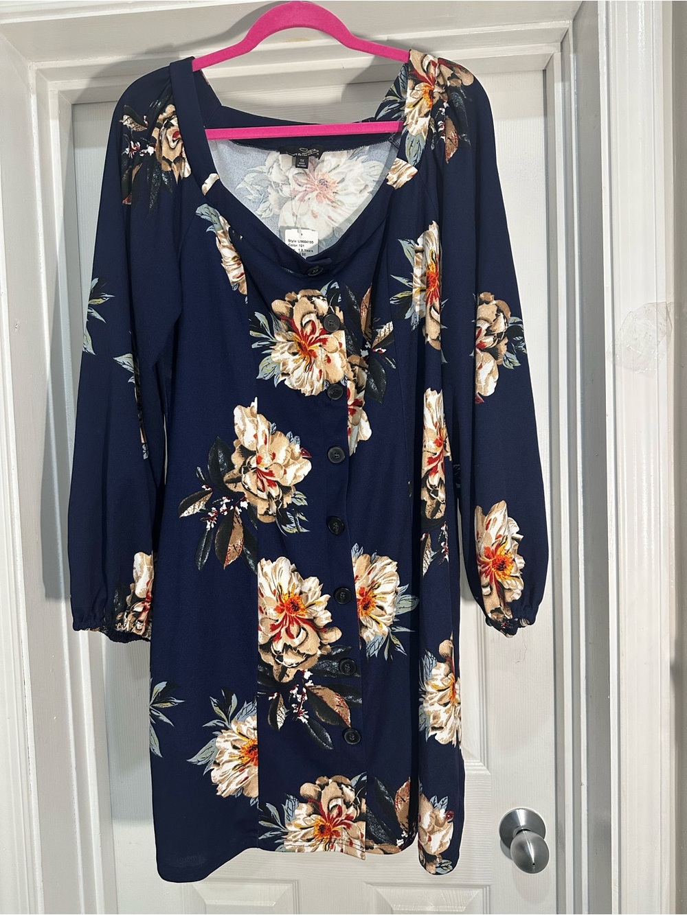 Floral Button-Front Navy Dress NWT
